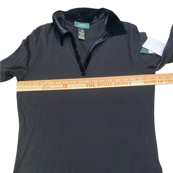 Vtg 90s Preppy black stretch knit velvet collar long sleeve Polo Top - Picture 4 of 8